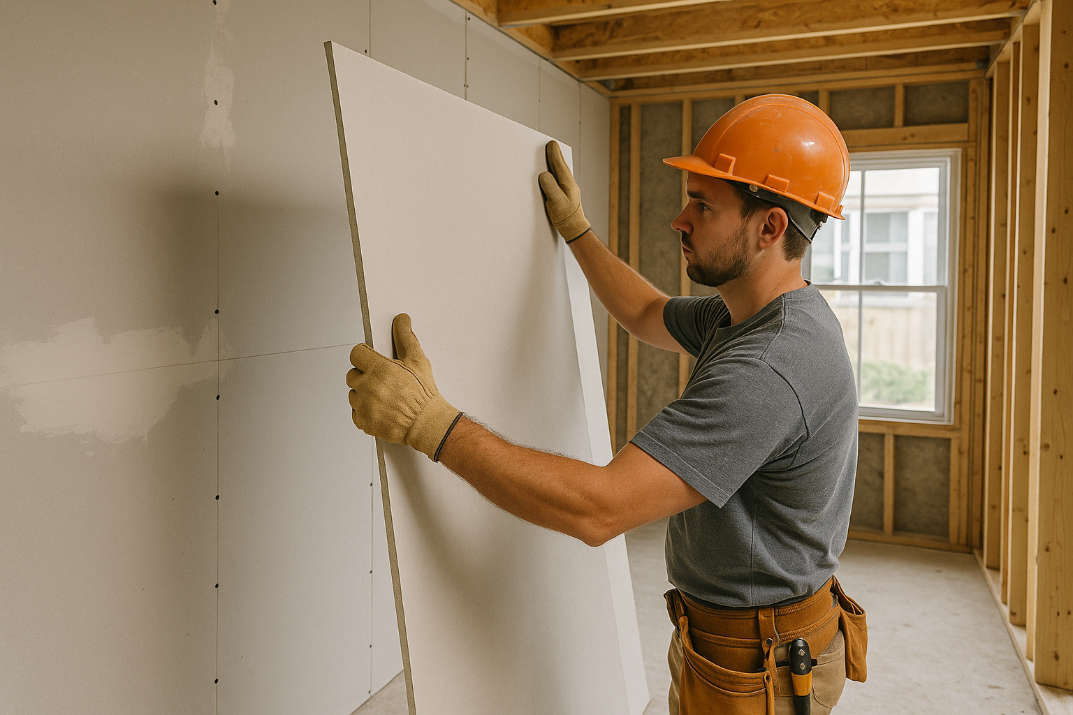 Worker installing drywall sheet on framed interior wall