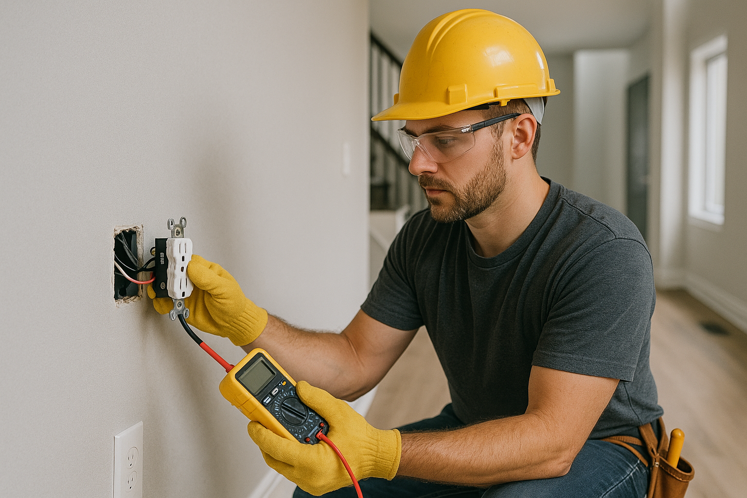 Electrician testing wiring while installing a new outlet