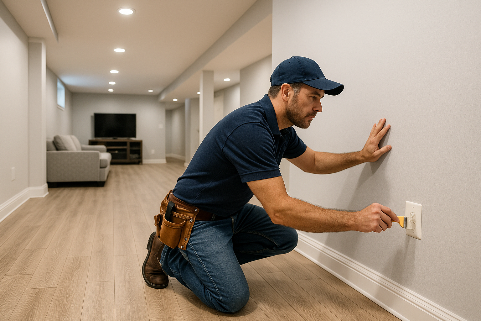 Finished basement with handyman doing touch ups
