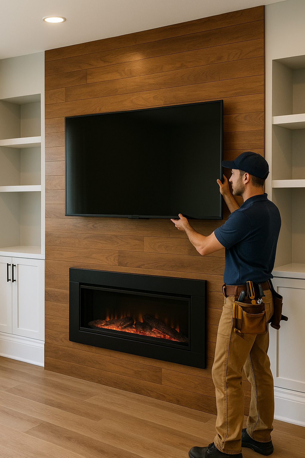 Custom feature wall with TV and electric fireplace