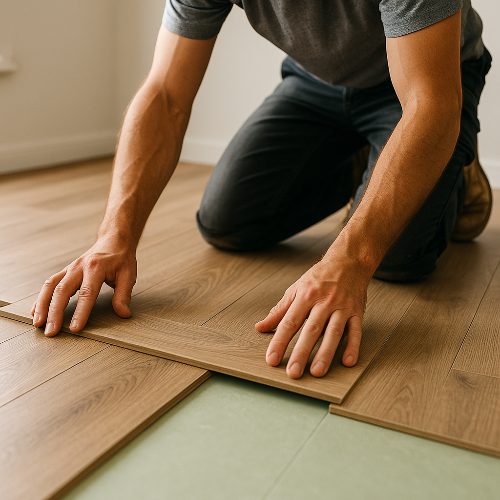 Close-up of hands installing plank flooring
