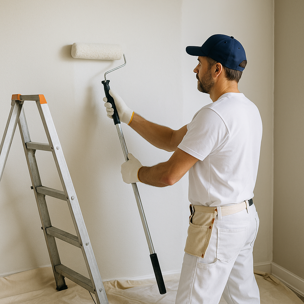 Painter rolling fresh white paint on an interior wall