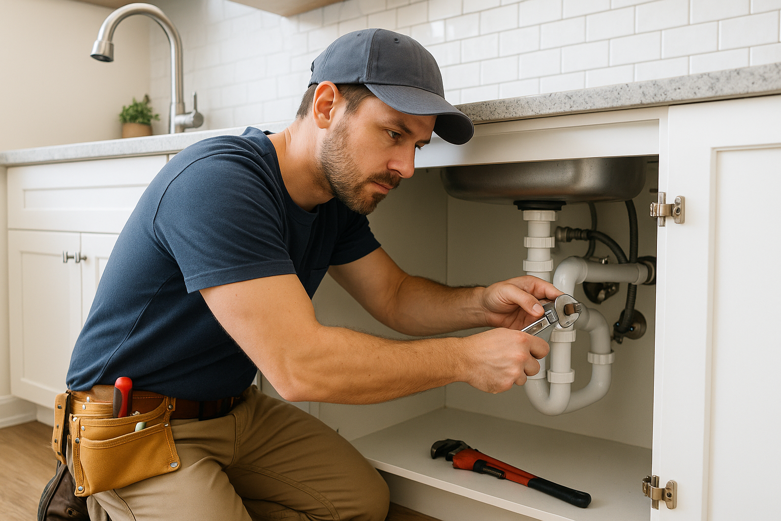 Handyman tightening plumbing fittings under a kitchen sink