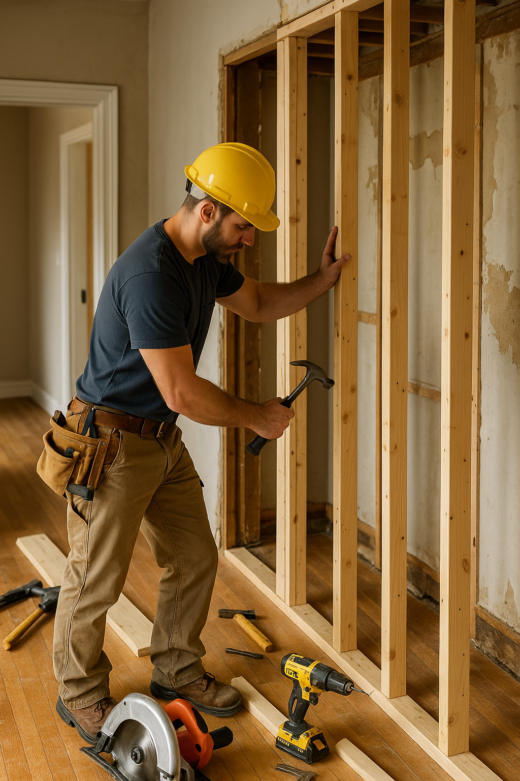 Handyman framing a new interior wall during remodel